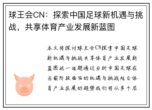 球王会CN：探索中国足球新机遇与挑战，共享体育产业发展新蓝图